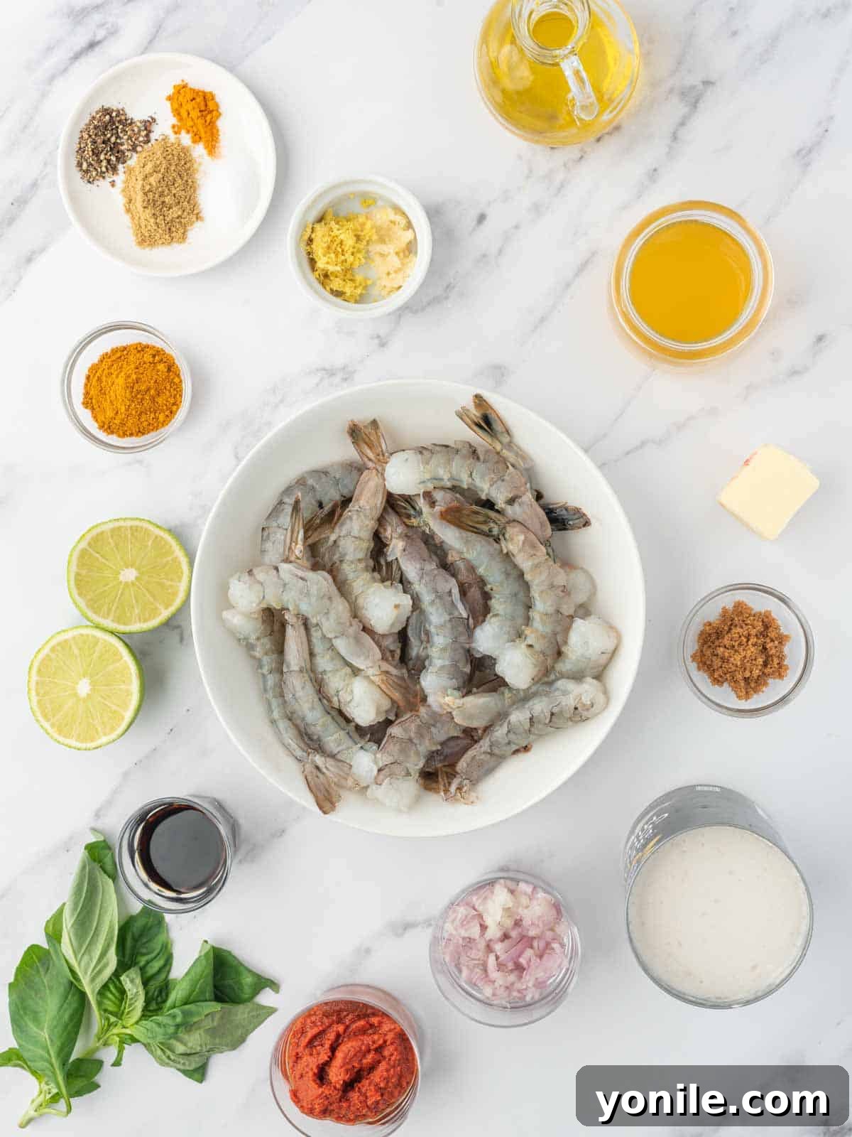 Vibrant Thai Coconut Shrimp Curry 3 A flat lay of fresh ingredients laid out for making thai coconut curry shrimp, including shrimp, shallots, garlic, ginger, coconut milk, and various spices.