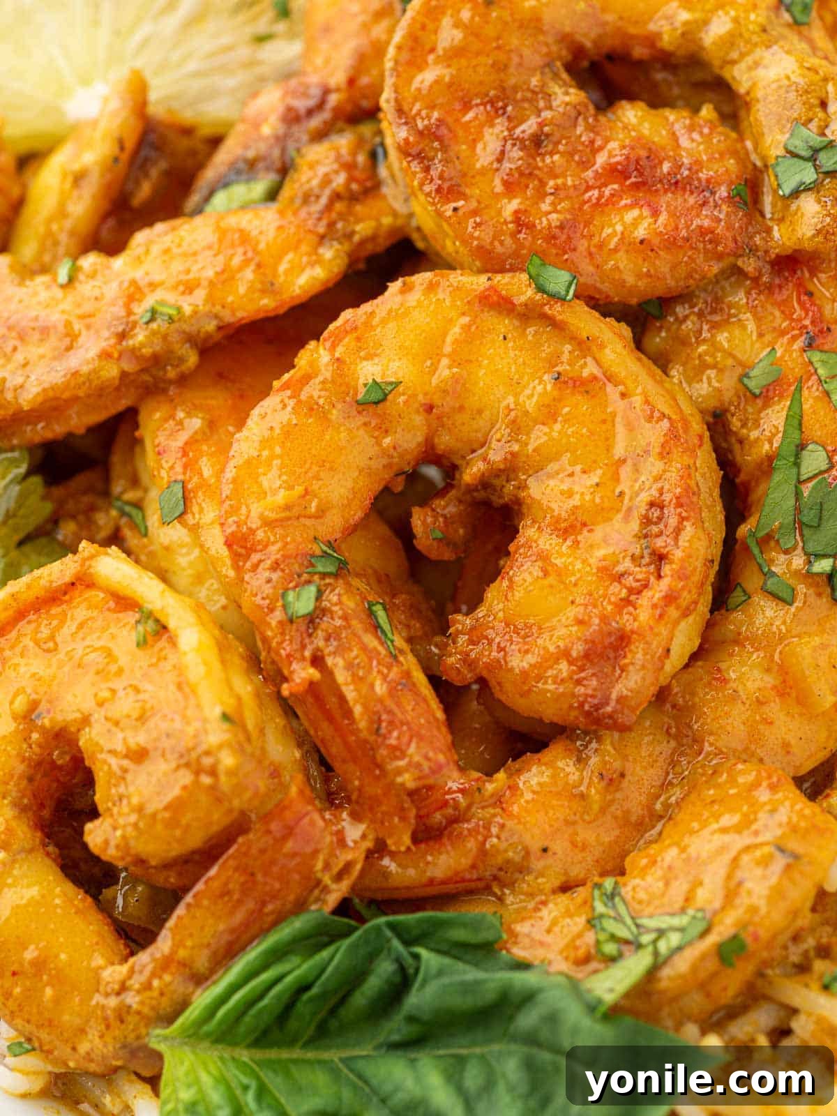 Vibrant Thai Coconut Shrimp Curry 8 A close-up shot of perfectly cooked shrimp garnished with fresh basil leaves, showcasing the vibrant colors and appealing texture of the red curry.