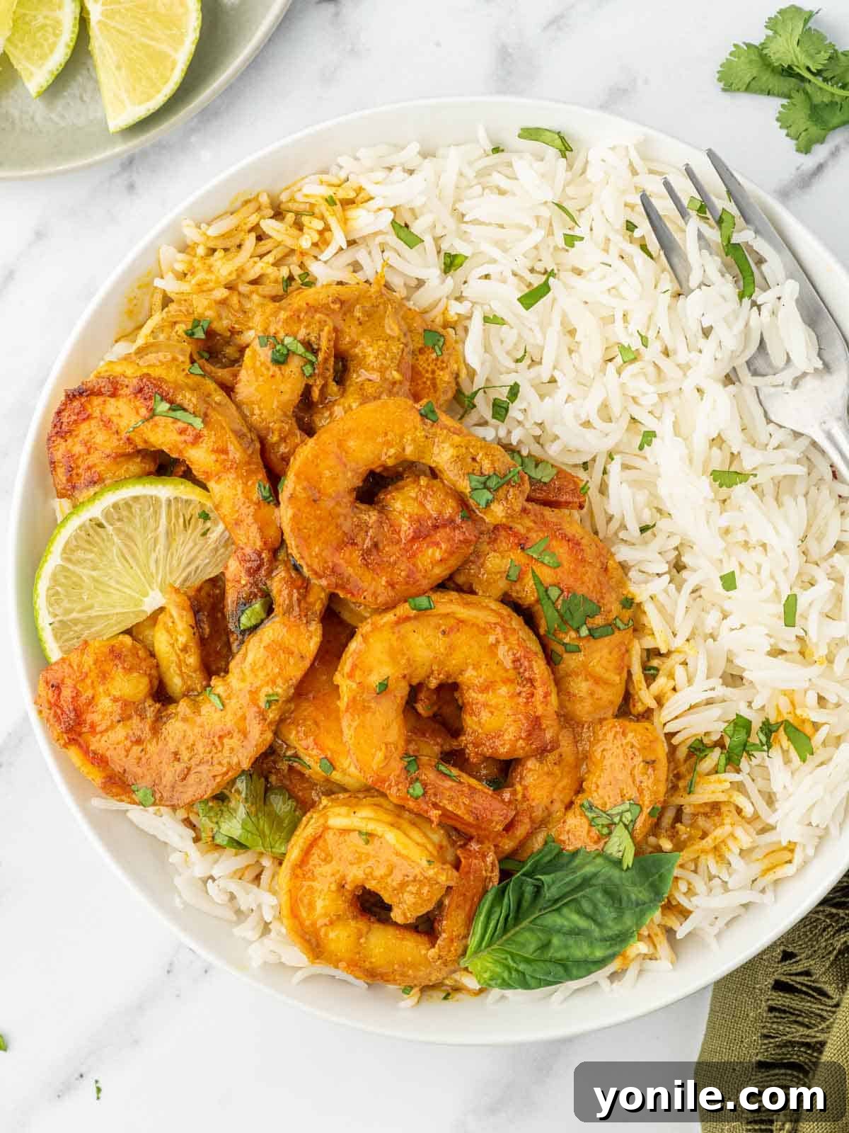 Vibrant Thai Coconut Shrimp Curry 9 A bowl of Thai coconut shrimp curry served alongside a portion of white rice, garnished with fresh herbs, ready to be enjoyed.