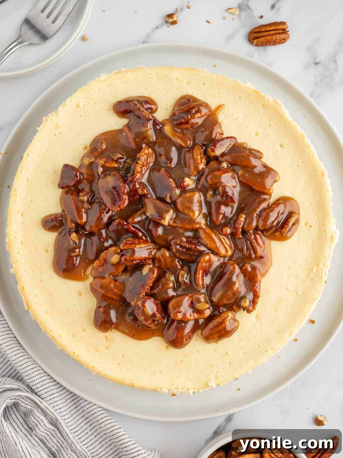 A beautifully presented Pecan Pie Cheesecake, showcasing its rich caramel pecan topping and creamy texture. Ideal for holiday gatherings.
