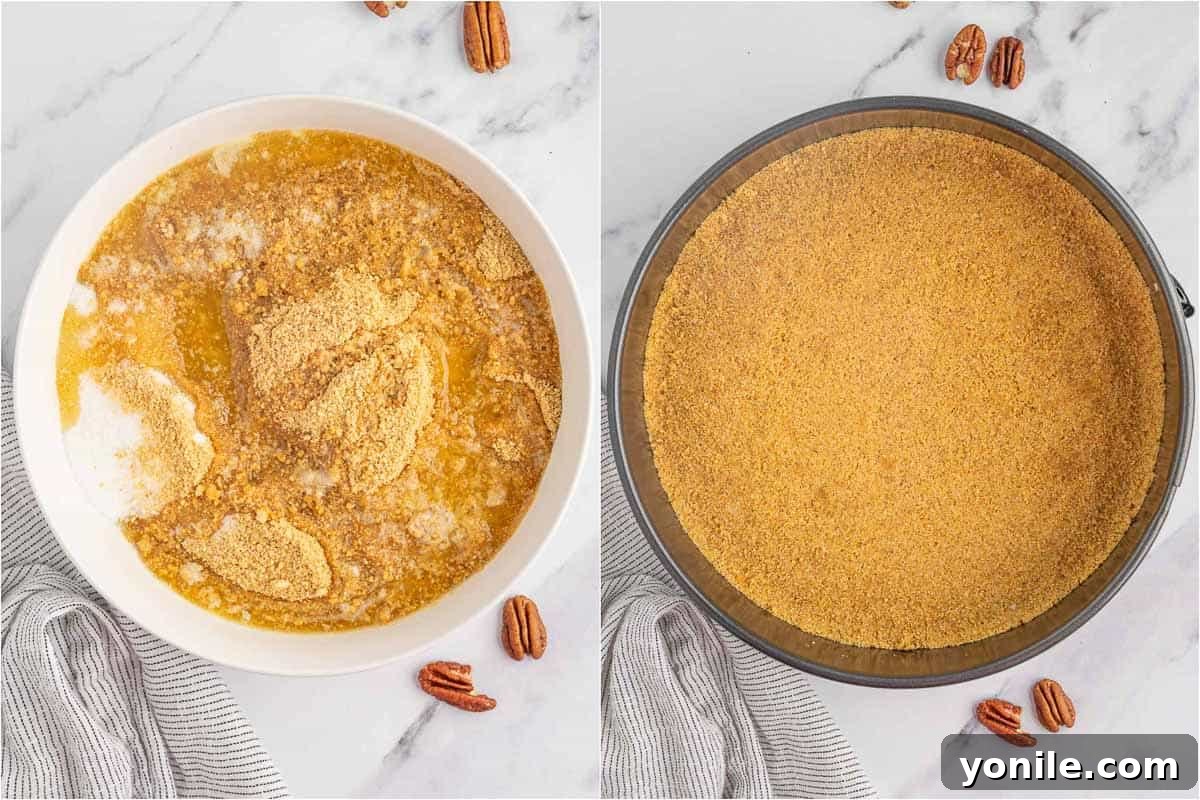 Process shot showing how to mix graham cracker crumbs, sugar, and melted butter to form a cheesecake crust in a bowl.