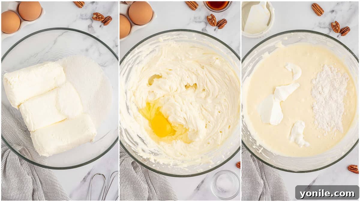 Process photos demonstrating the preparation of a smooth and creamy cheesecake filling, starting with cream cheese and sugar.