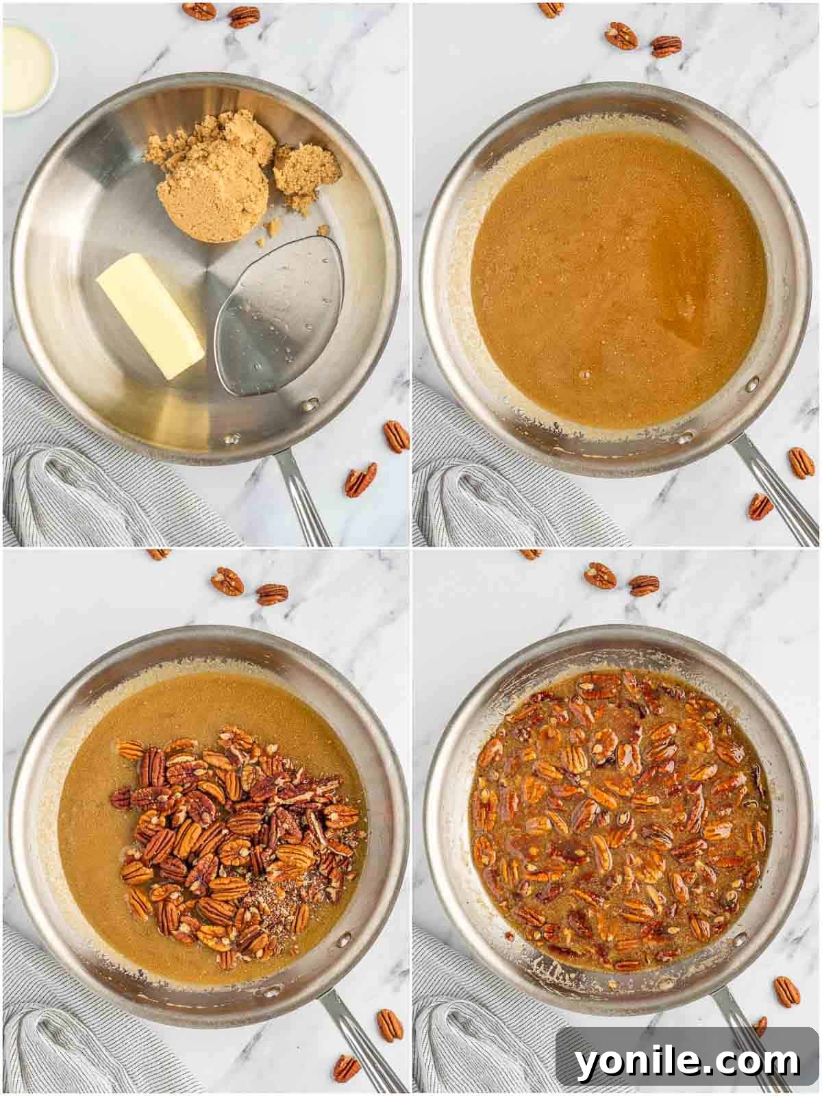 The process of making the sticky caramel pecan topping for the cheesecake, showing ingredients simmering in a saucepan.