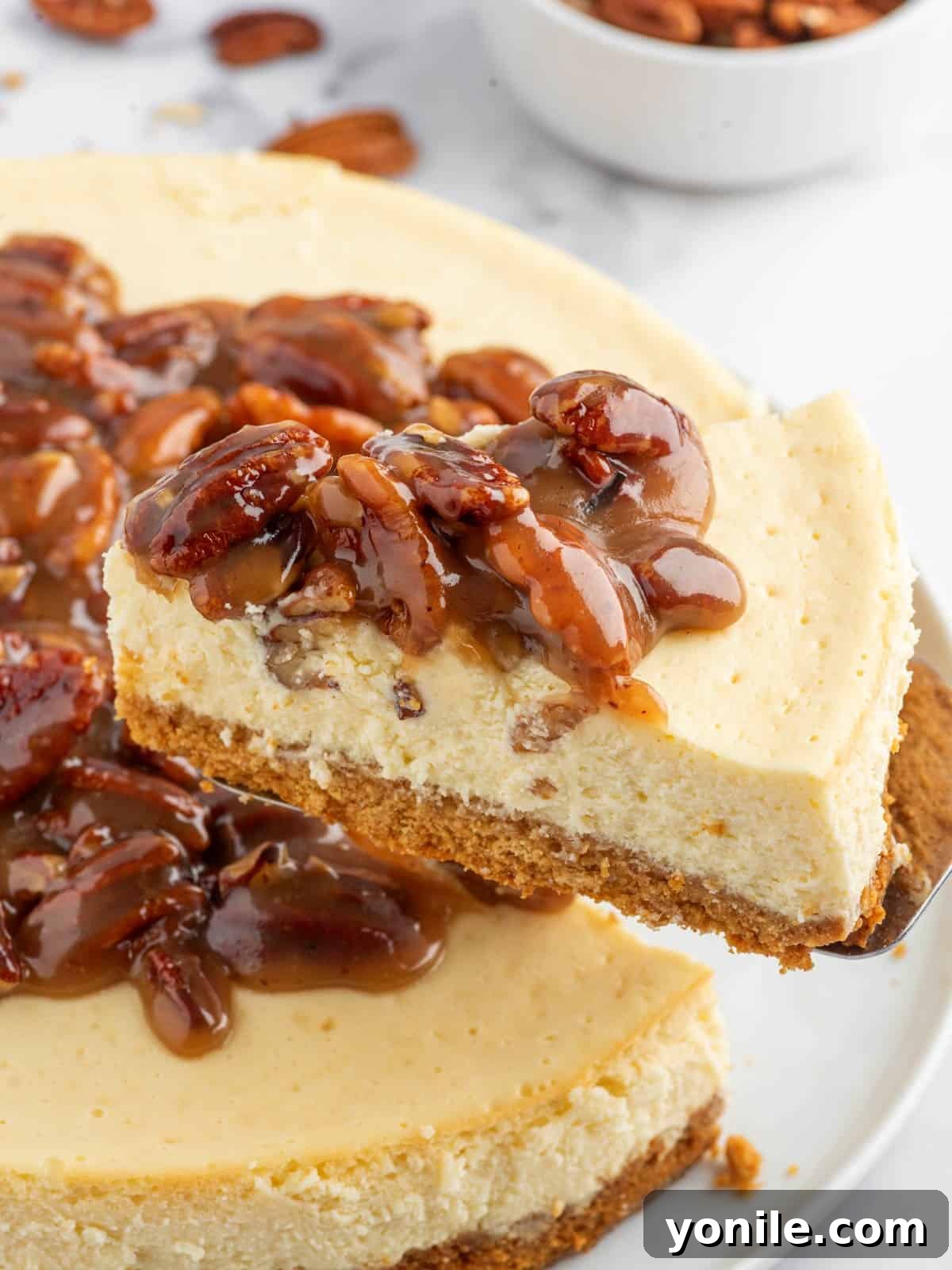 A slice of pecan pie cheesecake being carefully lifted from the main cake, showing the perfect layers of crust, creamy filling, and gooey topping.