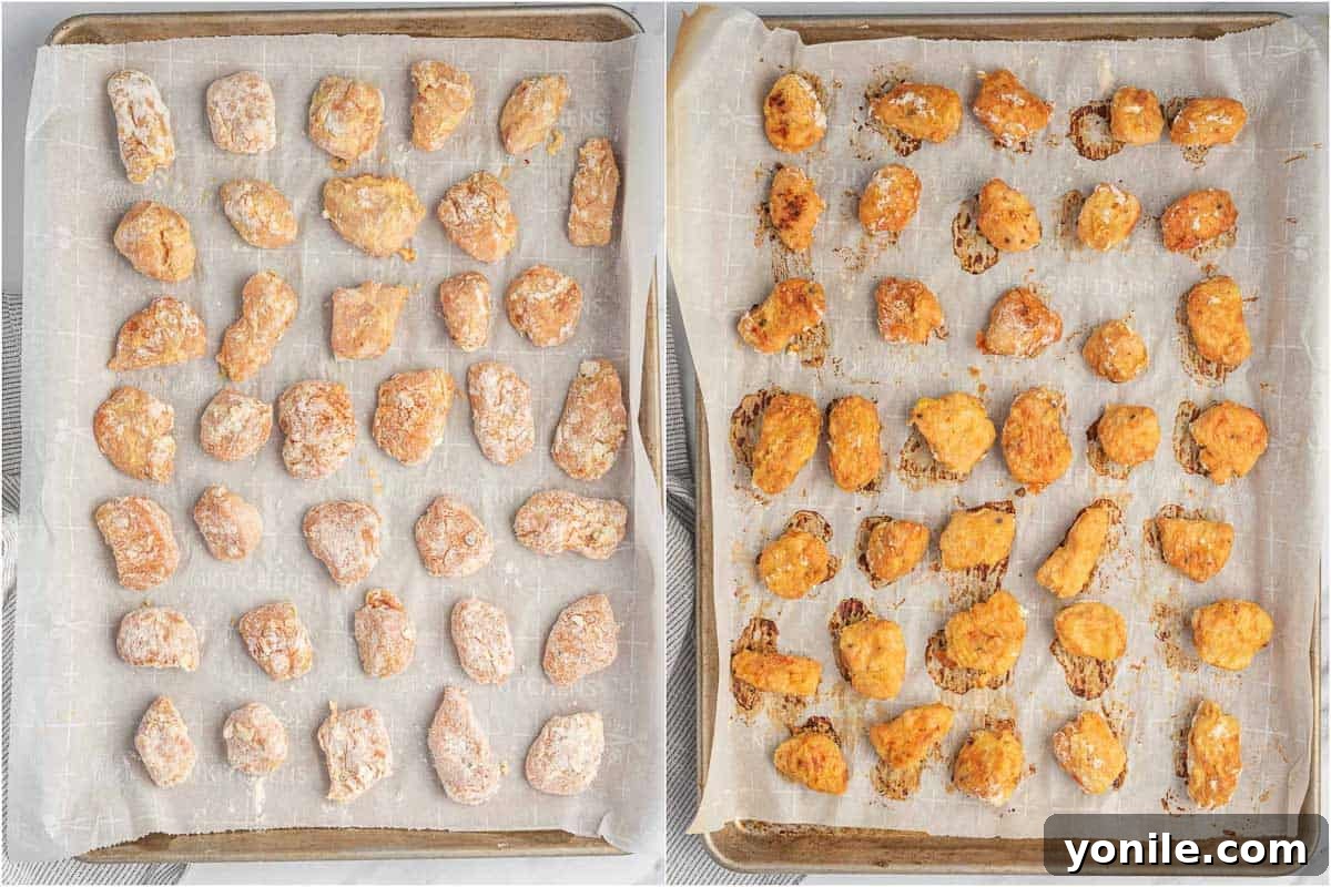 A baking tray showing raw, dredged chicken bites on one side and golden-baked chicken bites on the other side after cooking.