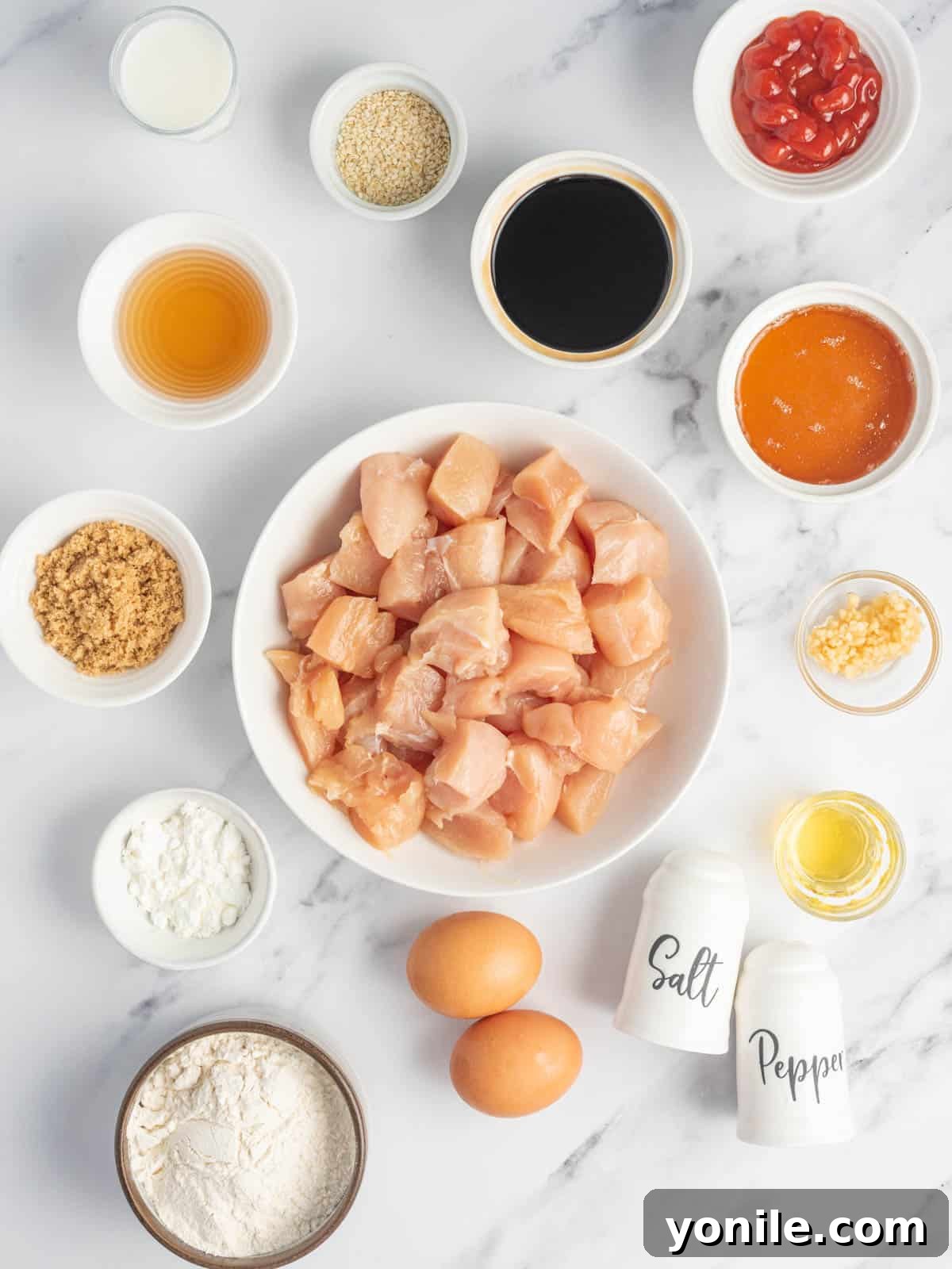 Ingredients needed for baked honey sesame chicken.