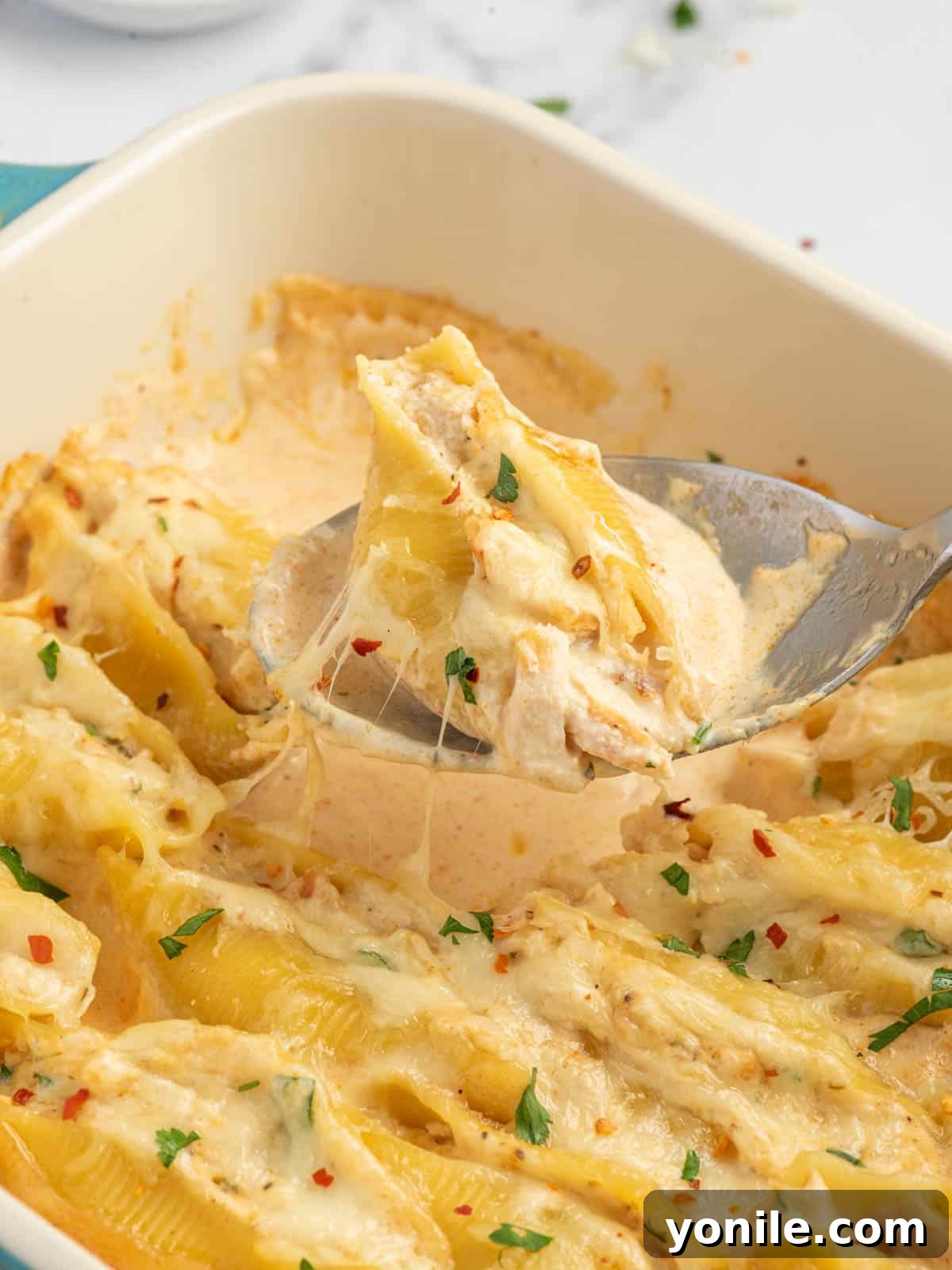 Spicy Cajun Chicken Alfredo Stuffed Pasta Shells 11 A spoon dishes out a large pasta shell, filled with creamy Cajun chicken and drenched in Alfredo sauce, on a white plate.