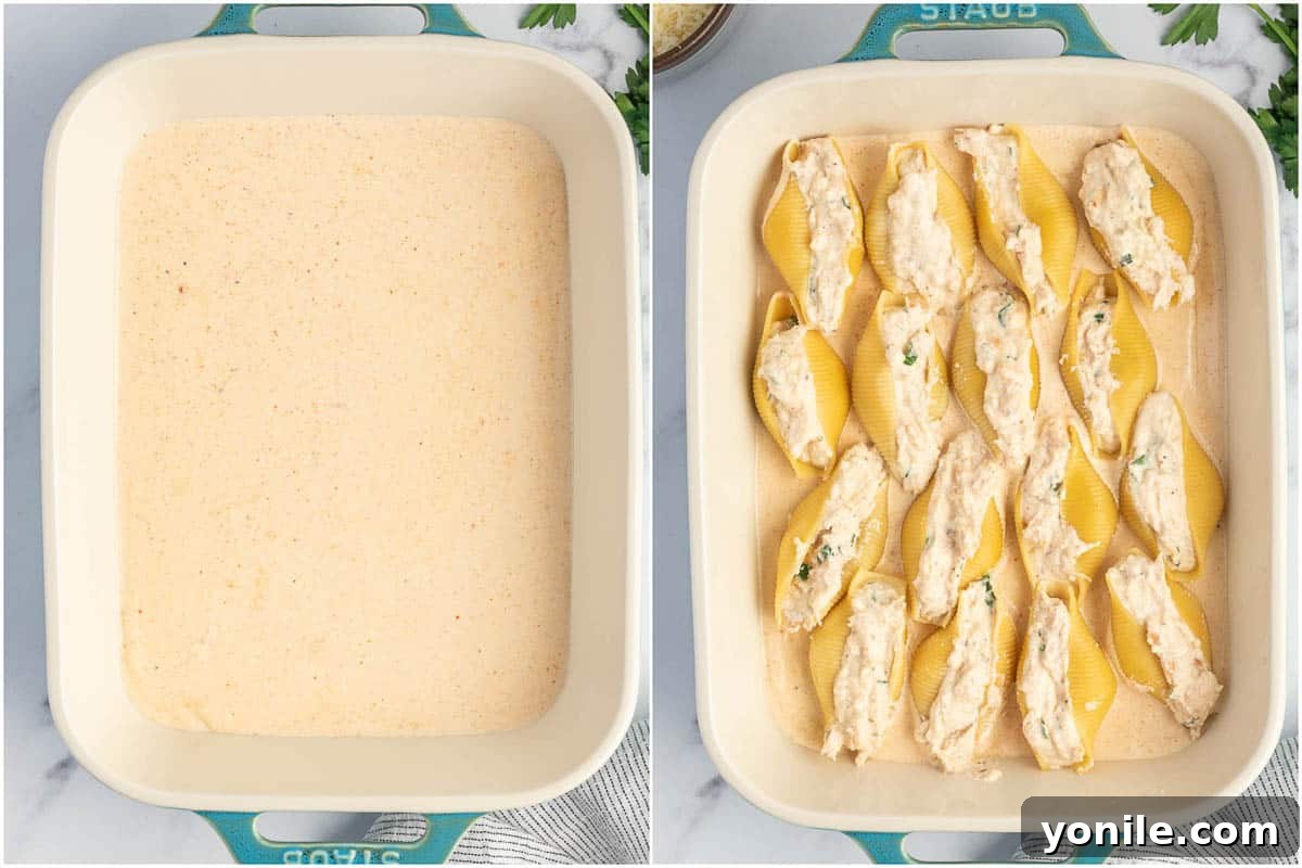 Spicy Cajun Chicken Alfredo Stuffed Pasta Shells 7 A baking dish with a layer of Alfredo sauce, meticulously topped with stuffed pasta shells, ready for cheese.