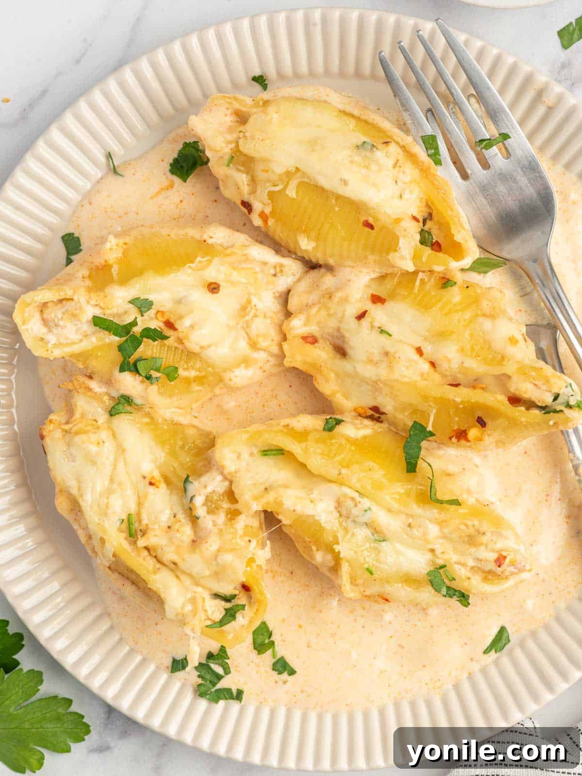 Spicy Cajun Chicken Alfredo Stuffed Pasta Shells 10 A fork rests on a plate with several pieces of golden-brown stuffed shells, highlighting the delicious texture.
