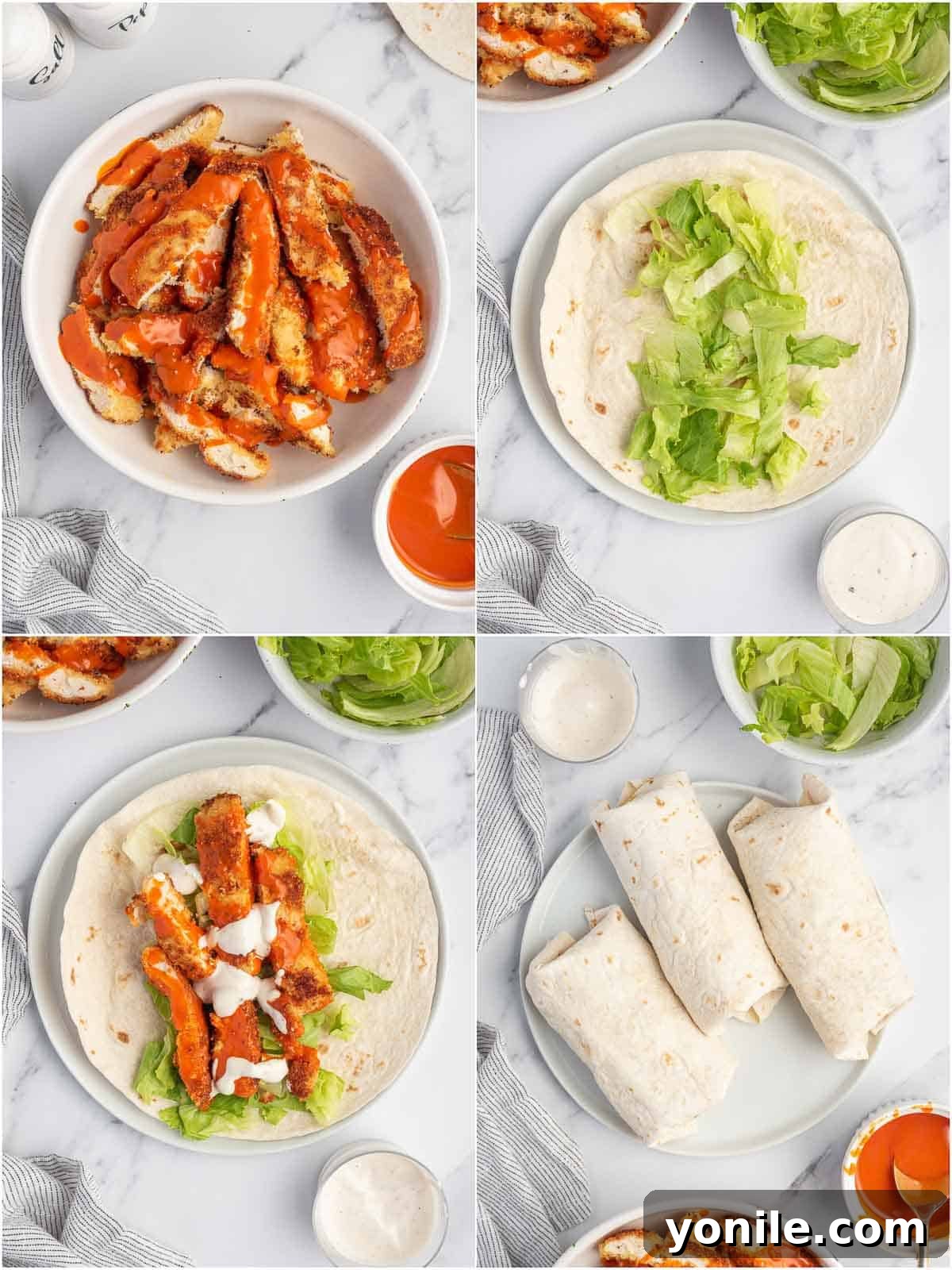 Step by step photos or how to assemble a buffalo chicken tortilla wrap.