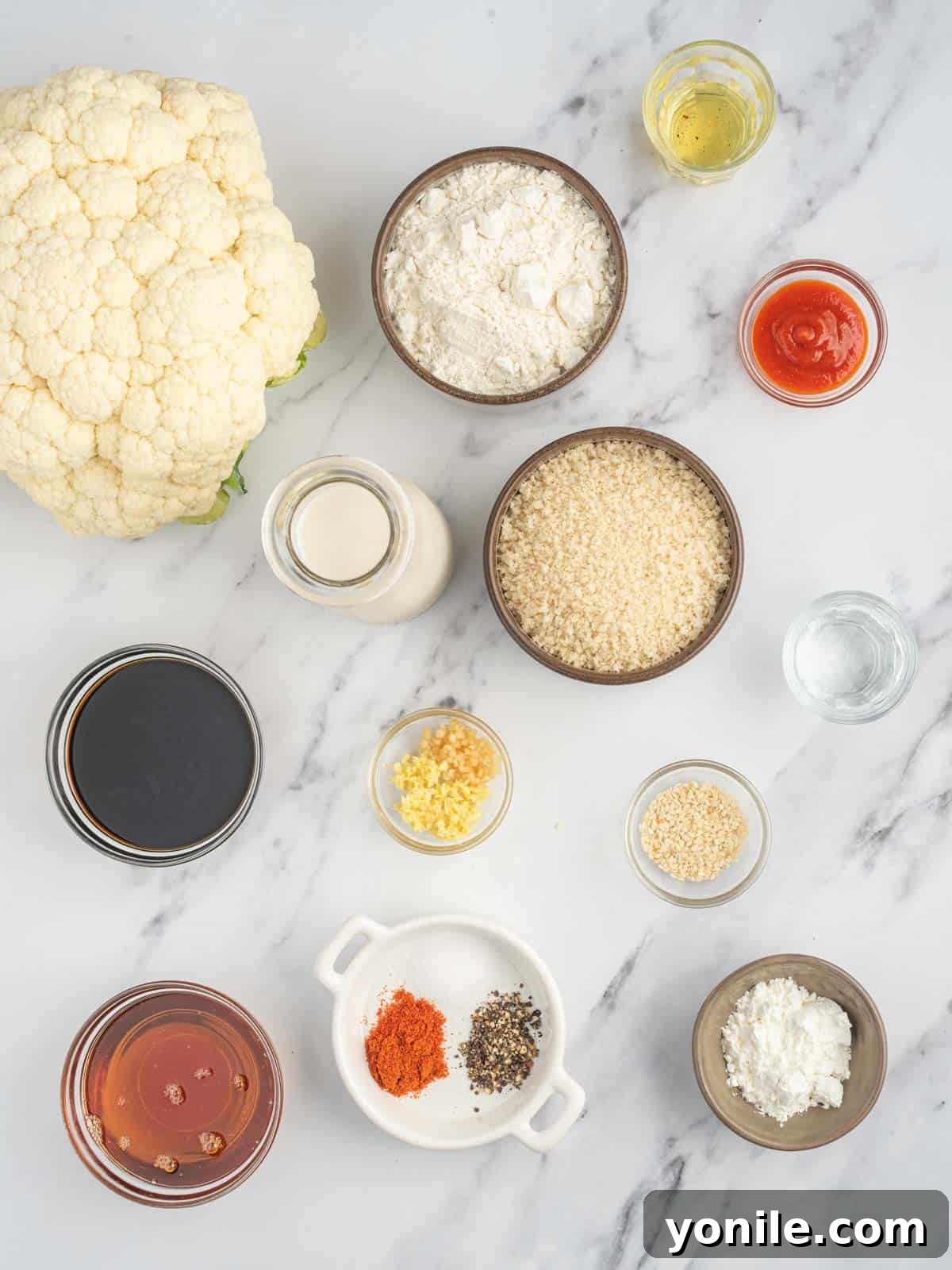 Ingredients needed for sticky sesame cauliflower bites.