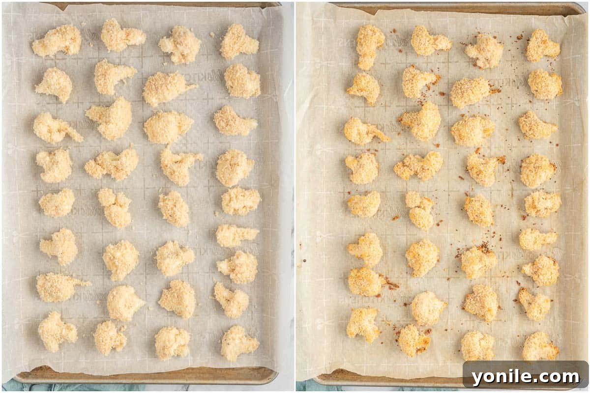 Baked cauliflower bites on a baking sheet before and after.