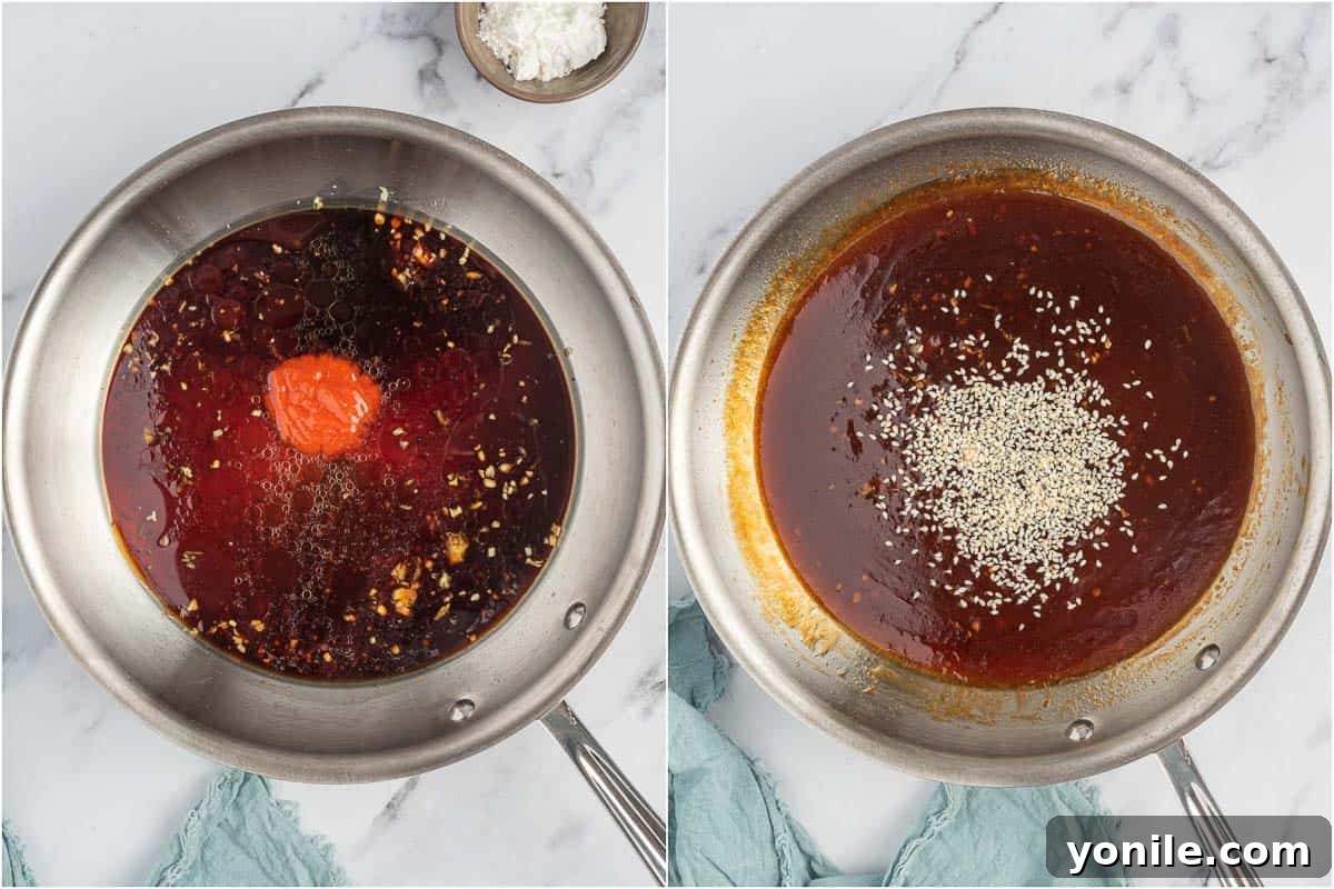 Preparing asian sesame sauce in a sauce pan.
