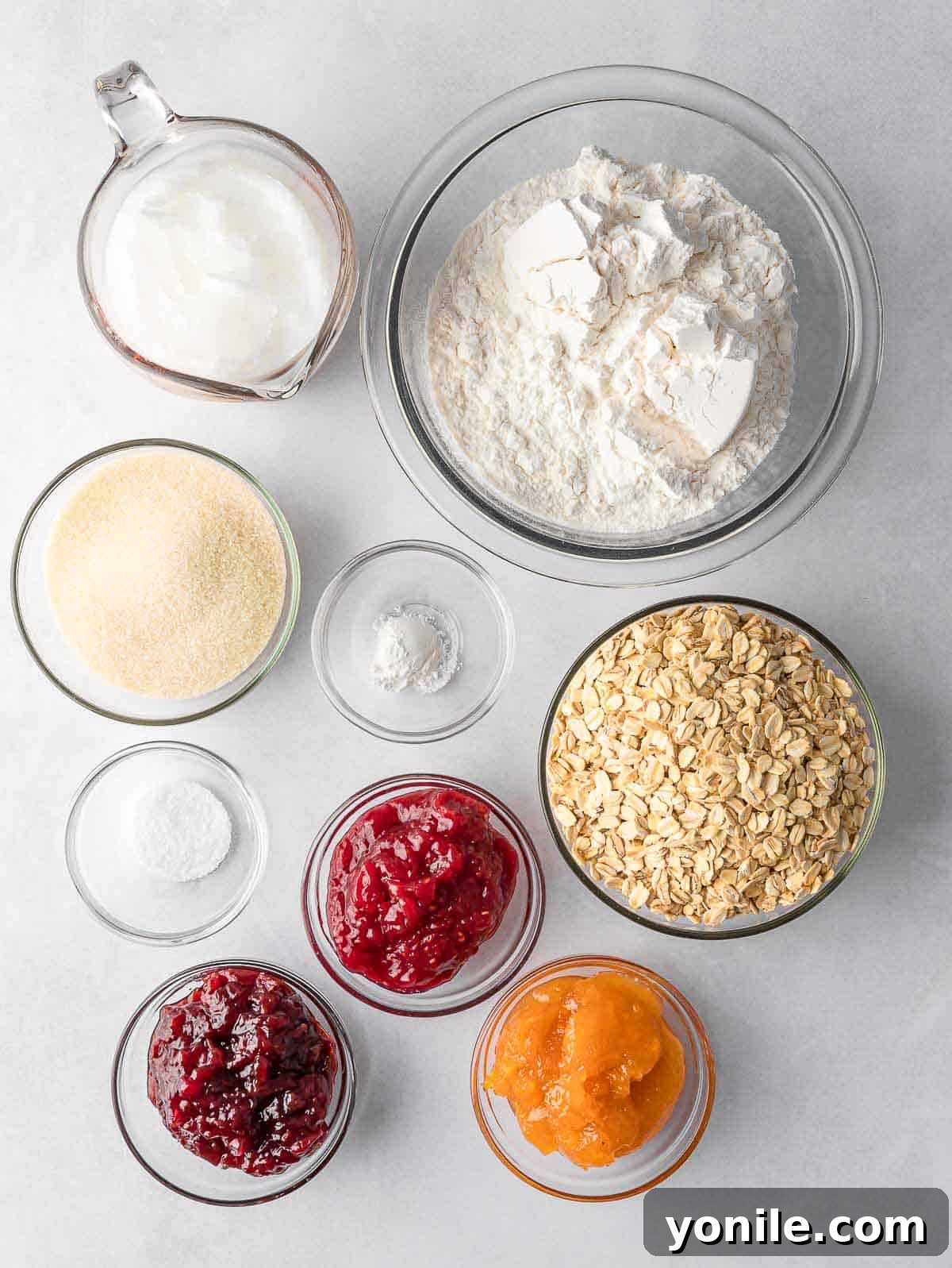 Chewy Oat Jam Treasures 3 Ingredients needed for oatmeal jam cookies, including oats, flour, sugar, leavening agents, coconut oil, and assorted jams.