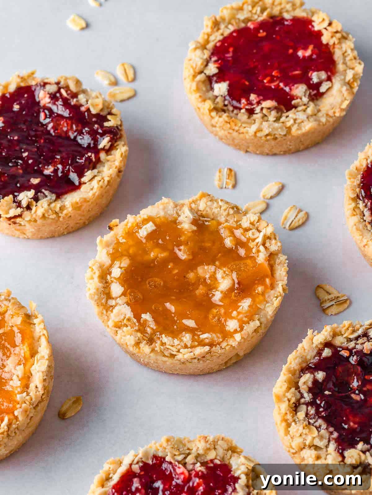 Chewy Oat Jam Treasures 7 A vibrant assortment of oatmeal jam biscuits arranged artfully on a serving tray.