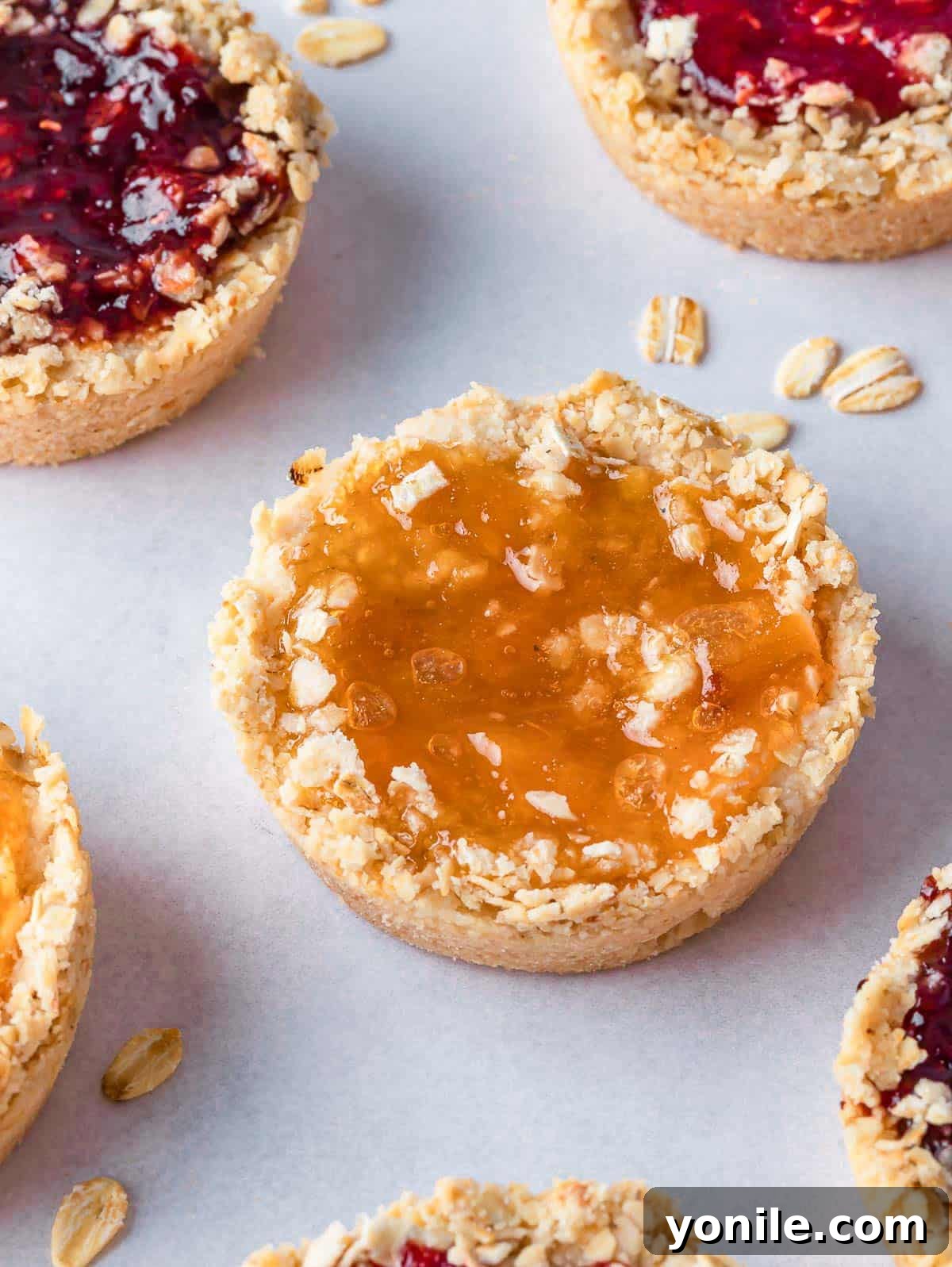 Chewy Oat Jam Treasures 9 Cookies with jam filling on a tray, showing a variety of colors and textures.