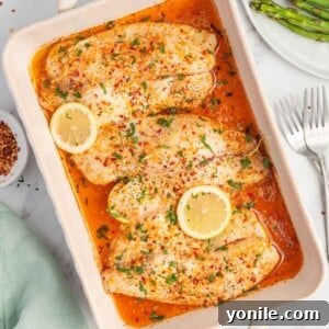 A baking dish with garlic butter tilapia filets and lemon garnish.