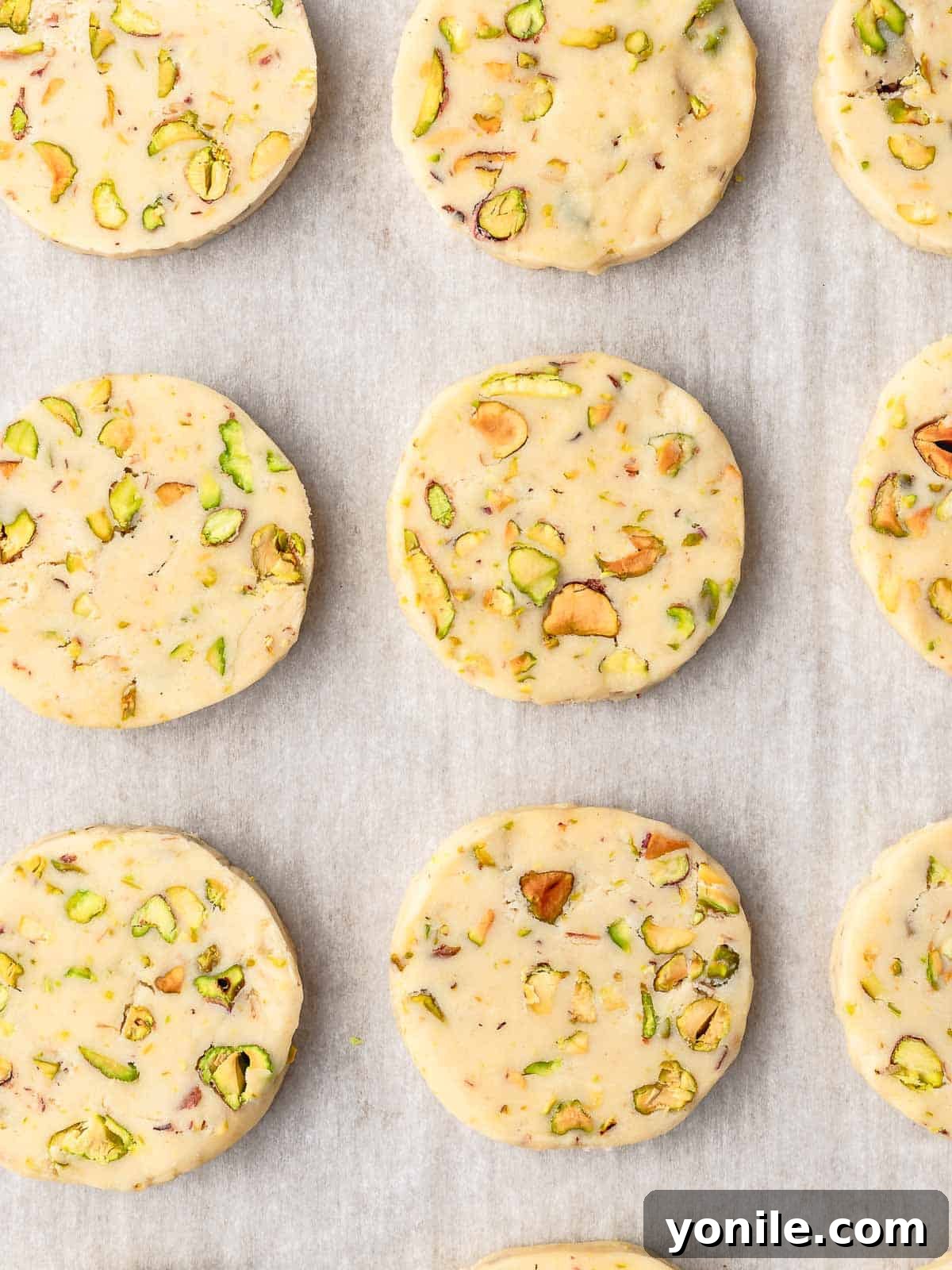 Buttery Pistachio Shortbread Delights 6 Rows of unbaked pistachio shortbread cookie slices meticulously arranged on a parchment-lined tray, ready for the oven.