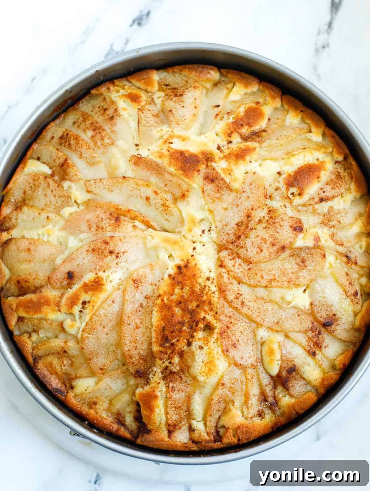 Freshly baked pear cake, golden brown and puffed, cooling on a wire rack.