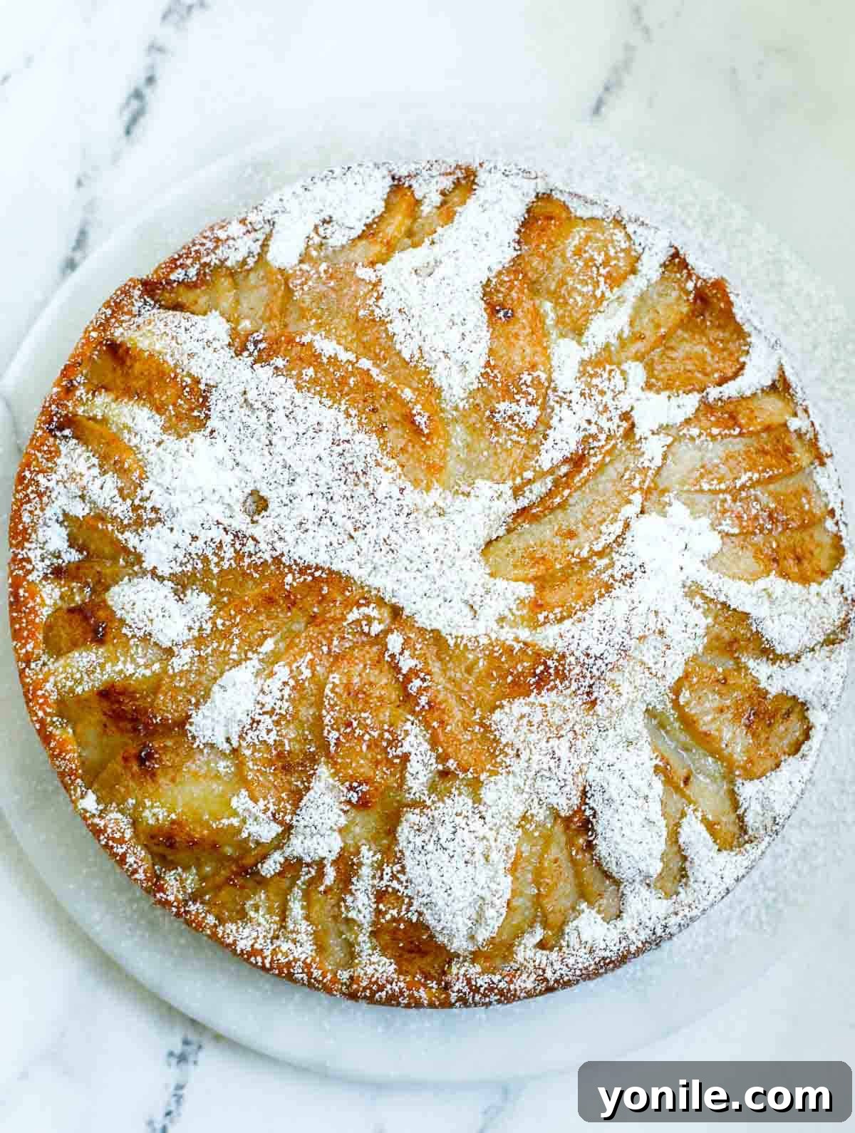 Pear cake dusted with a generous layer of powdered sugar, ready to be served.