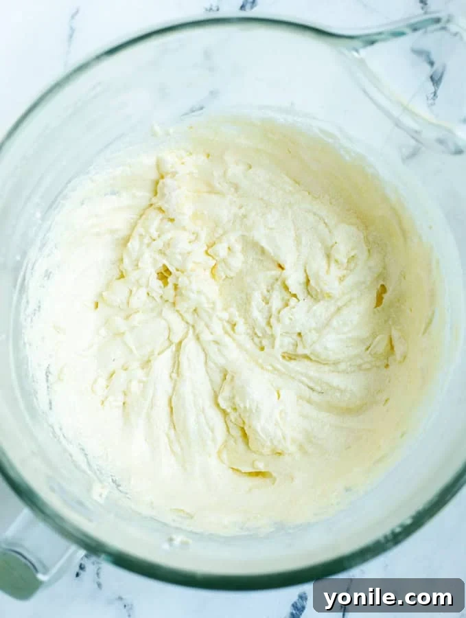 Whipped butter and sugar mixture in a mixing bowl, looking light and fluffy.