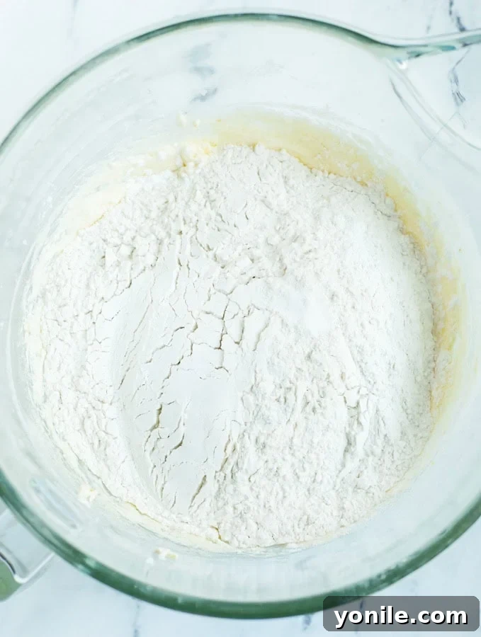 Pear cake batter with dry ingredients just added, before final mixing.