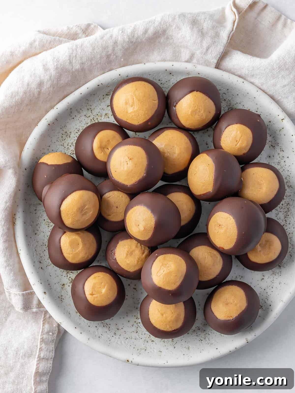 A plate of chocolate peanut butter balls.