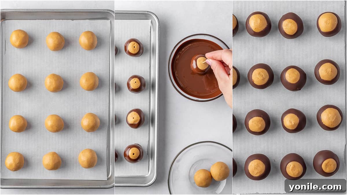 Process for dipping buckeye candy in chocolate.