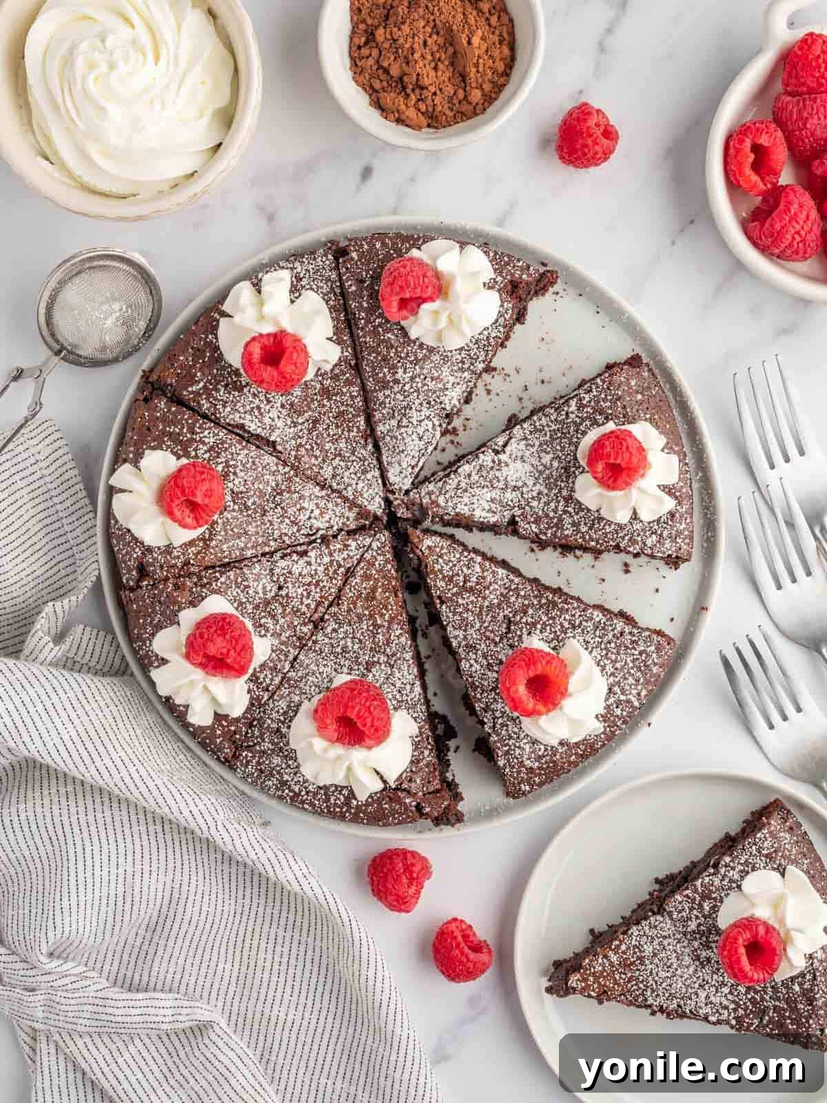 Pure Chocolate Indulgence 2 A slice of rich flourless chocolate cake on a white plate, garnished with fresh raspberries and a dusting of powdered sugar. The main torte sits behind it, implying a celebratory occasion.