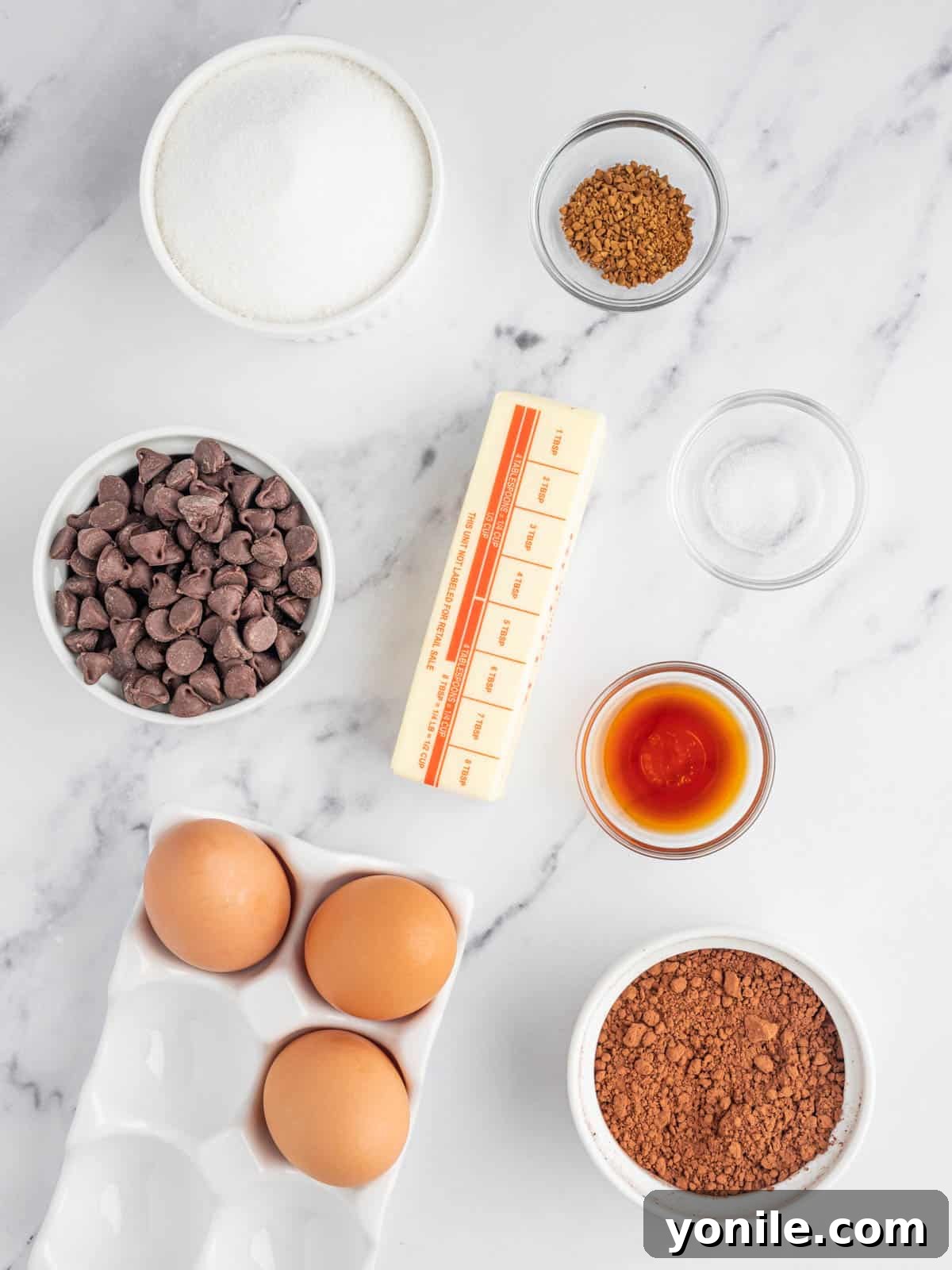 Pure Chocolate Indulgence 3 A collection of ingredients laid out for making a flourless chocolate torte, including chocolate chips, butter, cocoa powder, instant coffee, salt, sugar, eggs, and vanilla extract.