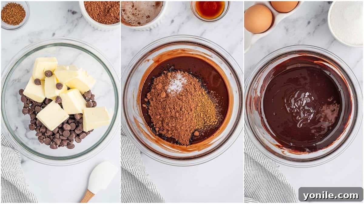 Pure Chocolate Indulgence 4 Melting chocolate chips and butter together in a glass bowl, a crucial first step for making a flourless chocolate torte.