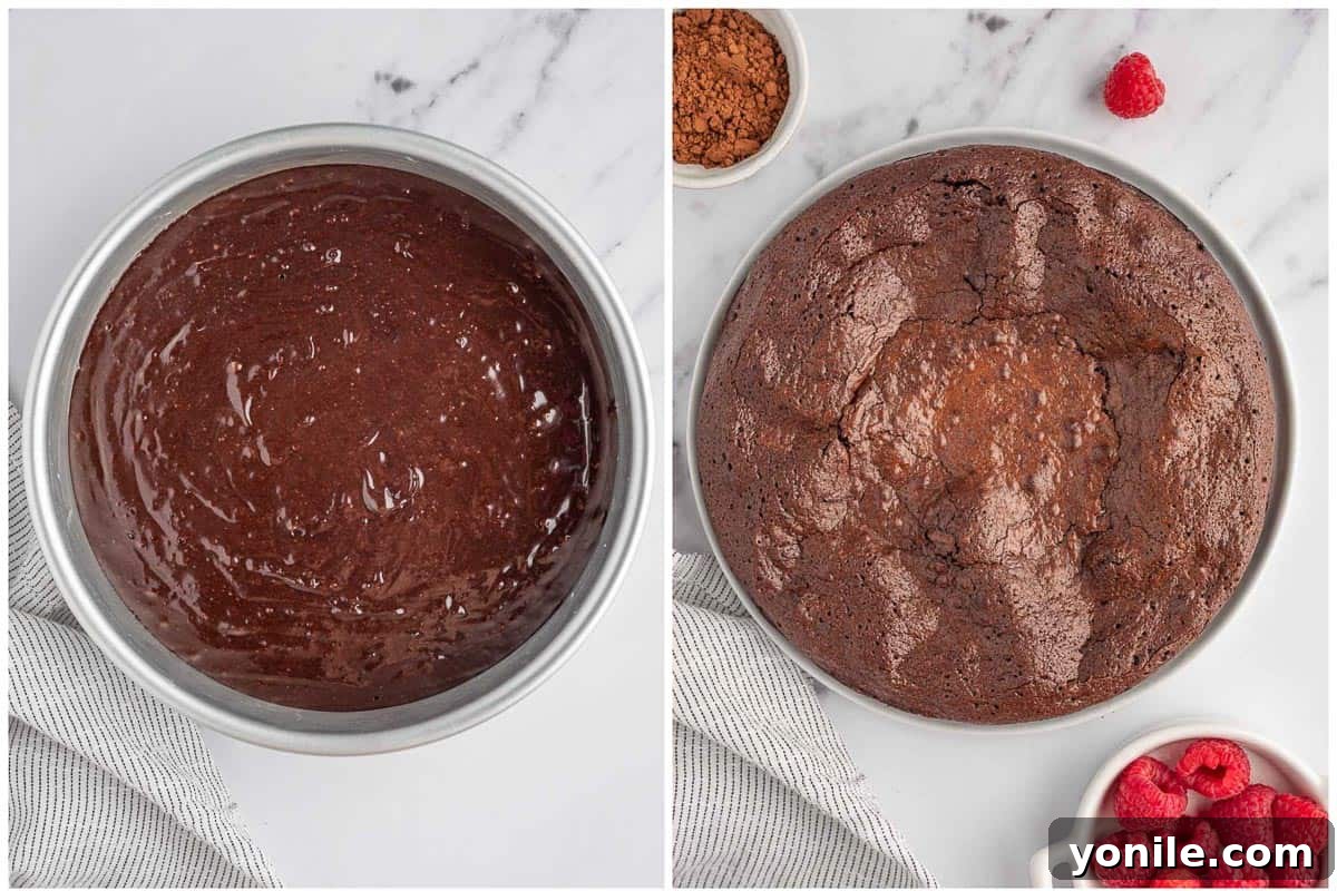 Pure Chocolate Indulgence 6 A comparison photo showing unbaked and baked flourless chocolate tortes, highlighting the transformation from batter to finished cake.