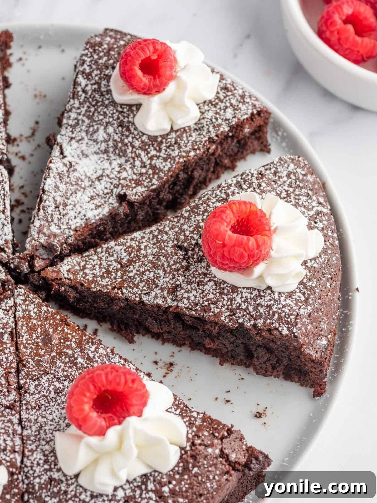 Pure Chocolate Indulgence 7 A whole flourless chocolate torte garnished with fresh whipped cream and vibrant raspberries, ready to be served.