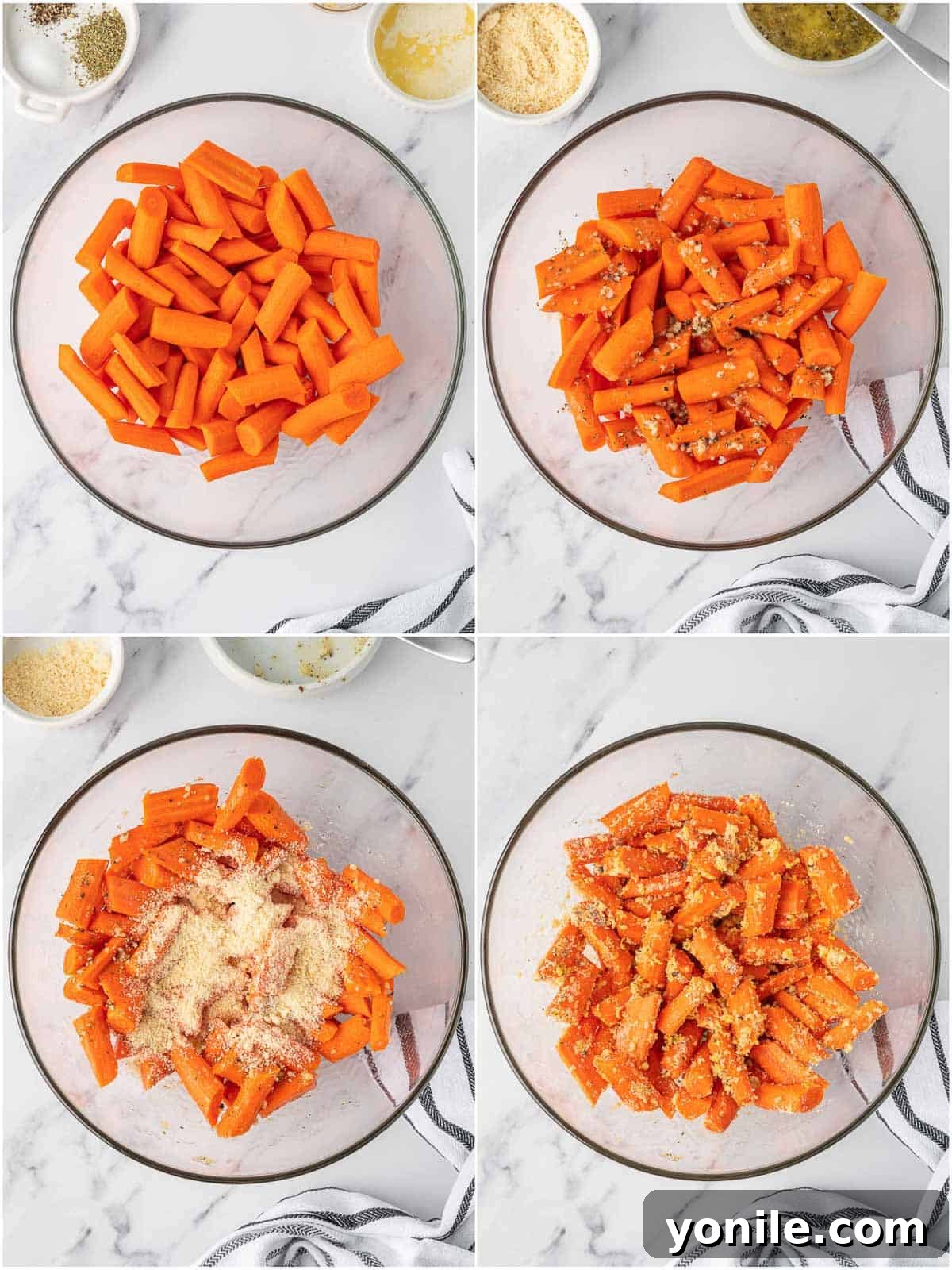 How to cut and season carrots for oven roasting, showing neatly cut carrots in a bowl with seasoning mixture being poured over them.