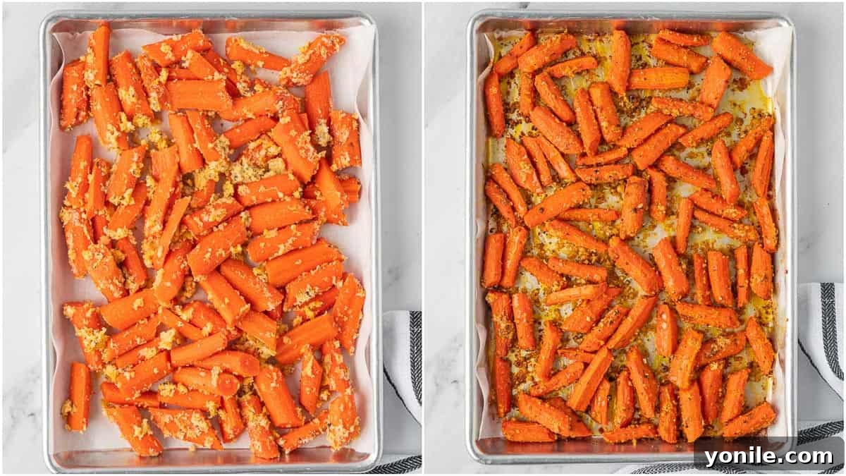 Before and after comparison of roasted carrots on a baking tray, showing raw seasoned carrots on one side and golden-brown, tender carrots on the other.