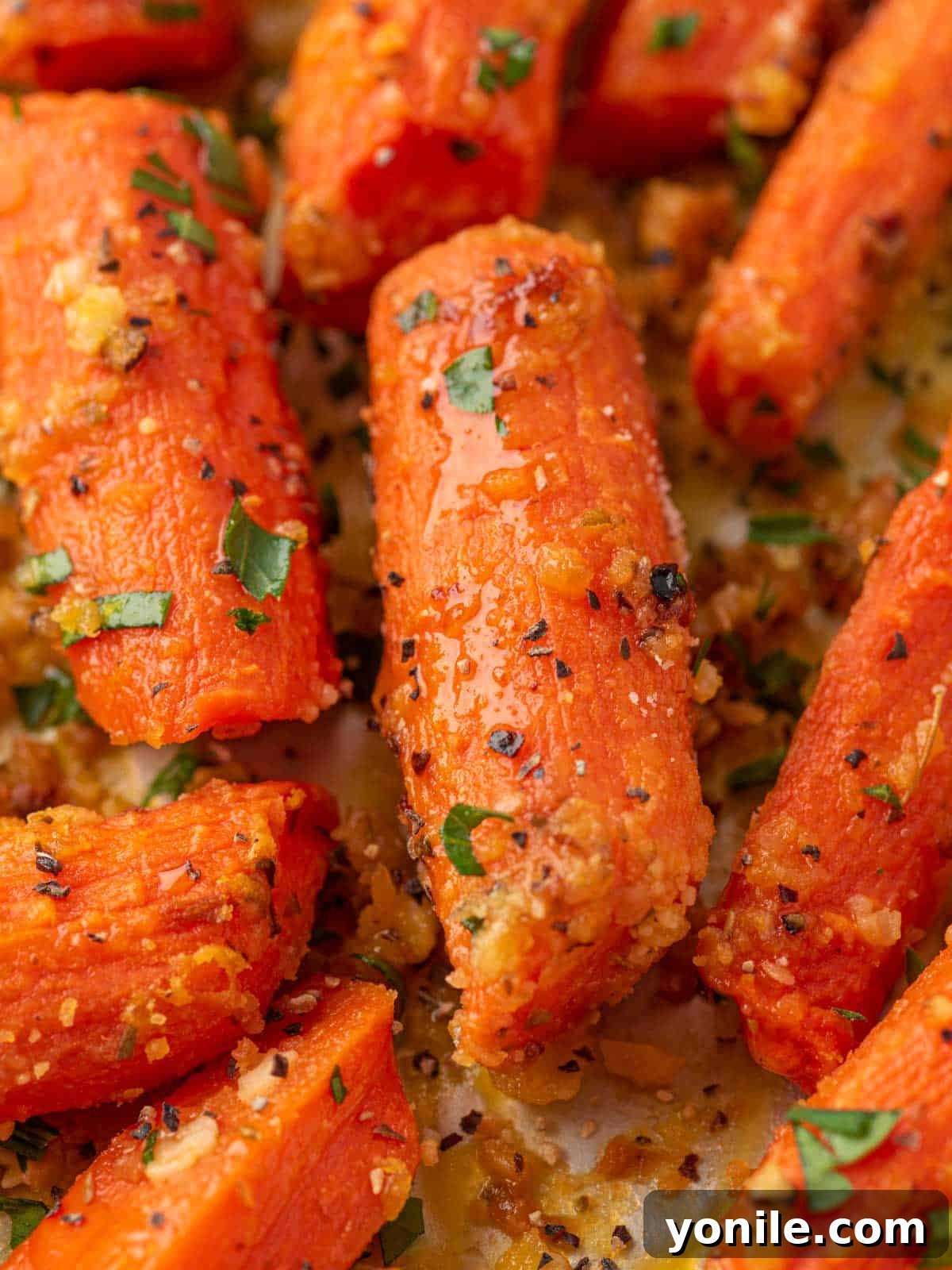 Close up of glazed carrots with parmesan cheese, highlighting the crispy, golden-brown cheese crust and tender texture.