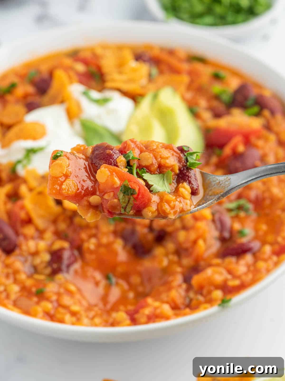 A close-up of a spoonful of rich, textured chili with lentils, showcasing the vibrant colors and hearty ingredients, ready to be enjoyed as a comforting and delicious vegan meal.