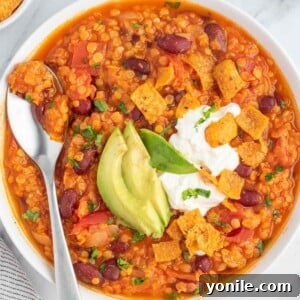 Vegan bean chili topped with fritos, avocado and vegan sour cream.