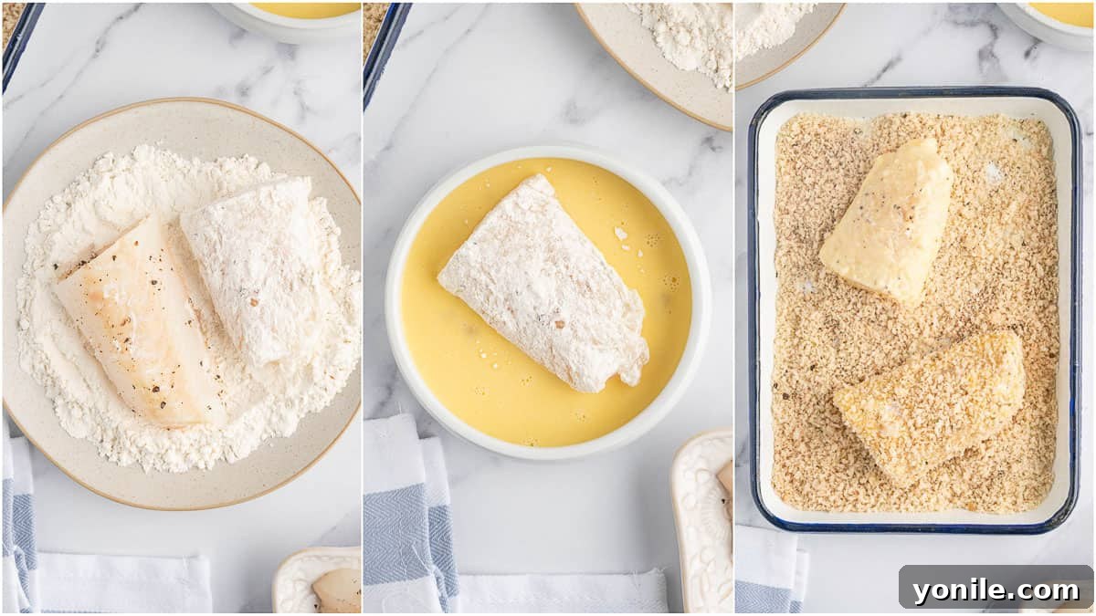 Three bowls showing the dredging process for cod: flour, egg wash, and seasoned panko breadcrumbs.