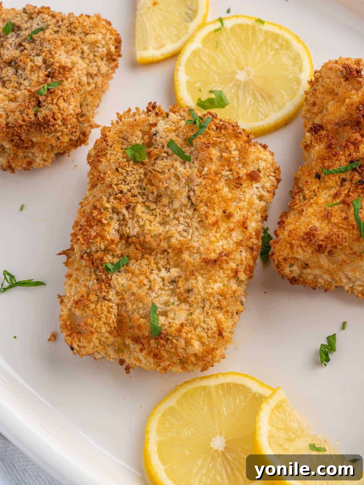 A plate with multiple pieces of crispy air fried cod, ready to serve.