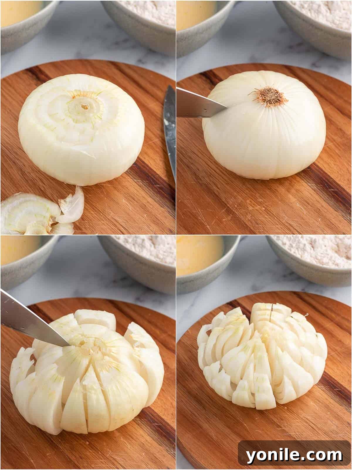Golden Air Fryer Onion Bloom 4 Detailed steps showing how to cut an onion to create a blooming onion blossom.