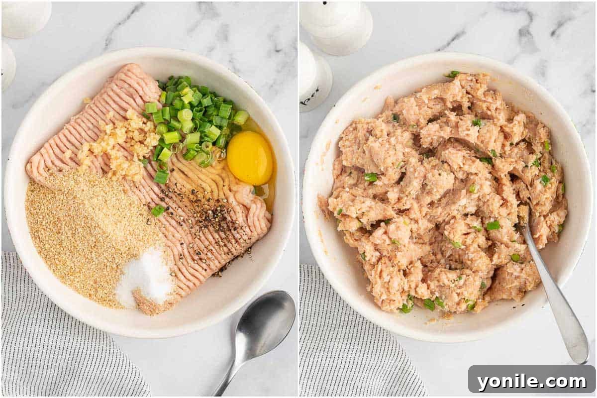 Glazed Teriyaki Chicken Meatballs 4 Mixing ground chicken with ingredients to form meatballs in a large bowl.