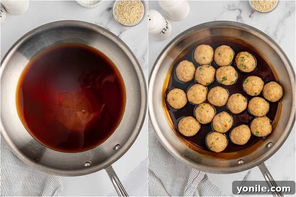 Glazed Teriyaki Chicken Meatballs 6 Tossing the baked chicken meatballs in the homemade teriyaki sauce in a skillet.