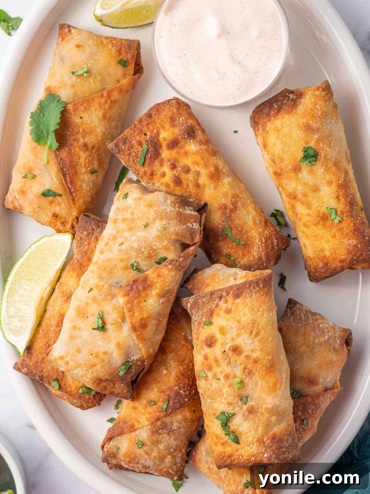A pile of easy air fryer egg rolls, golden brown and perfectly crispy.