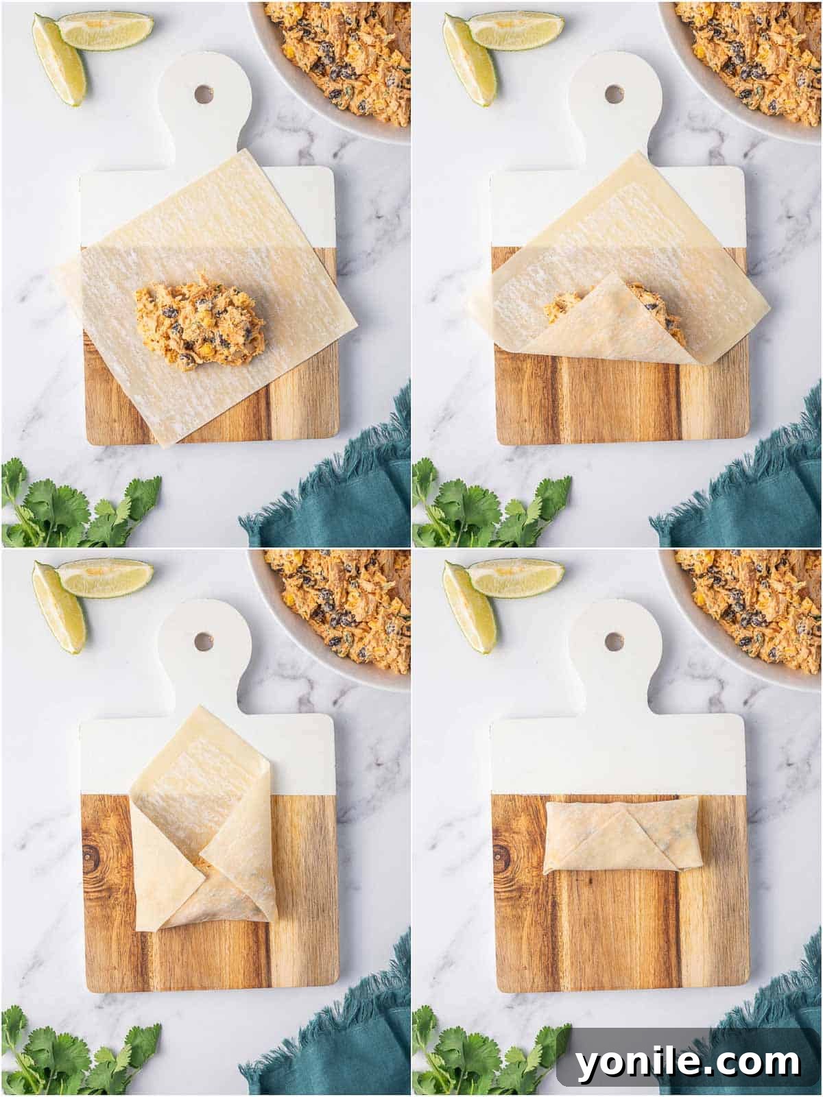 A step-by-step visual guide on how to fill and roll egg roll wrappers.
