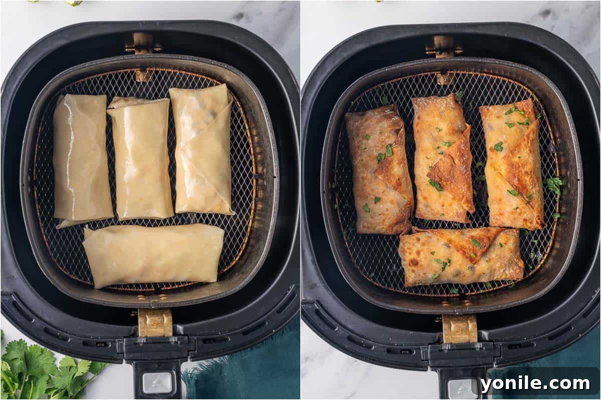 Before and after comparison of southwest egg rolls being cooked in an air fryer.