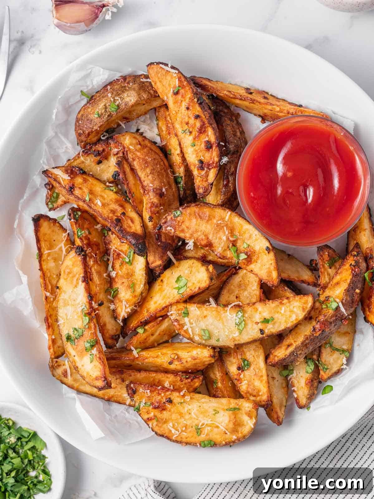 A plate of perfectly golden and crispy air fryer parmesan potato wedges, ready for dipping in ketchup.