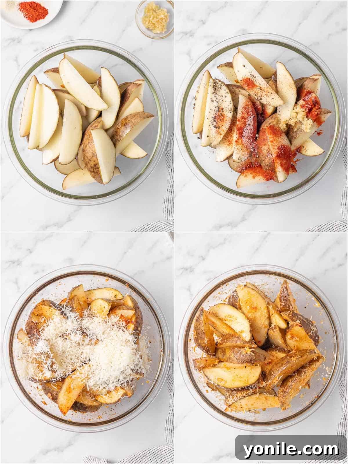 A step-by-step visual guide showing how to properly cut and season air fryer potato wedges for optimal crispiness.