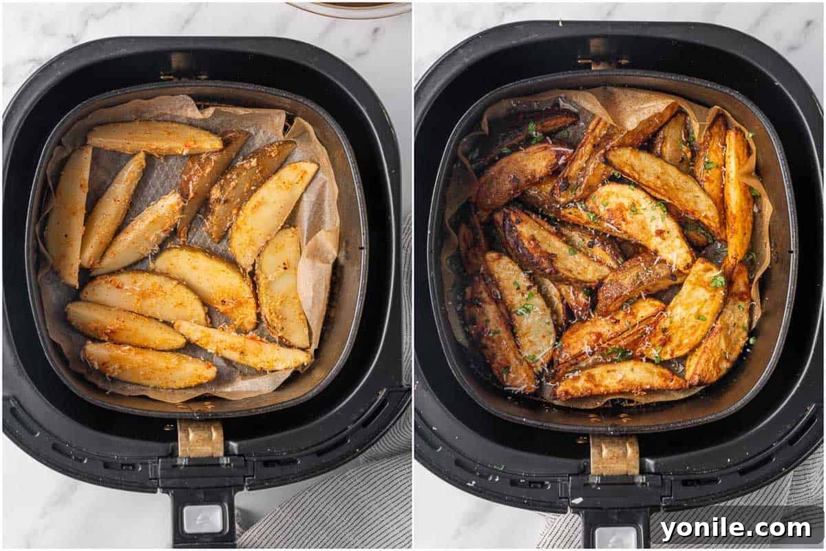 A before and after photo showcasing parmesan potato wedges transitioning from raw and seasoned to perfectly golden and crispy after air frying.