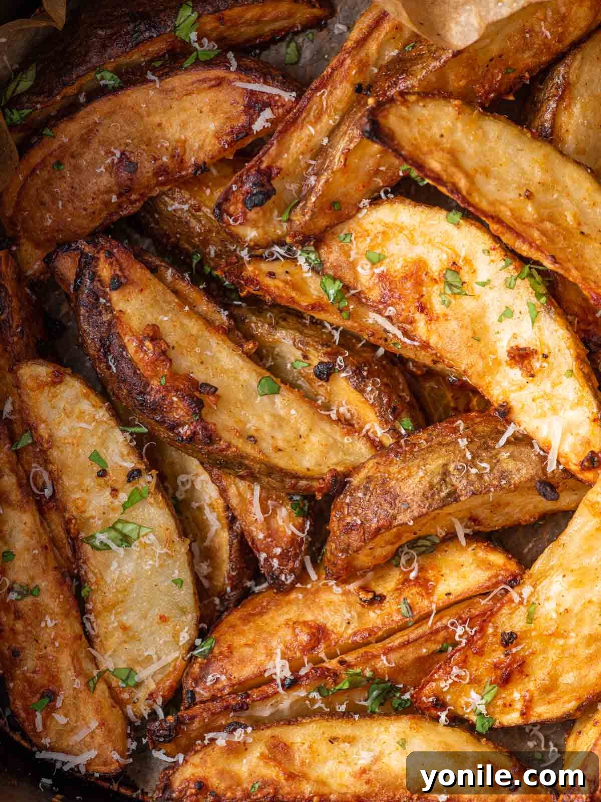 A generous pile of crispy parmesan potato wedges, showcasing their golden texture and enticing seasoning.